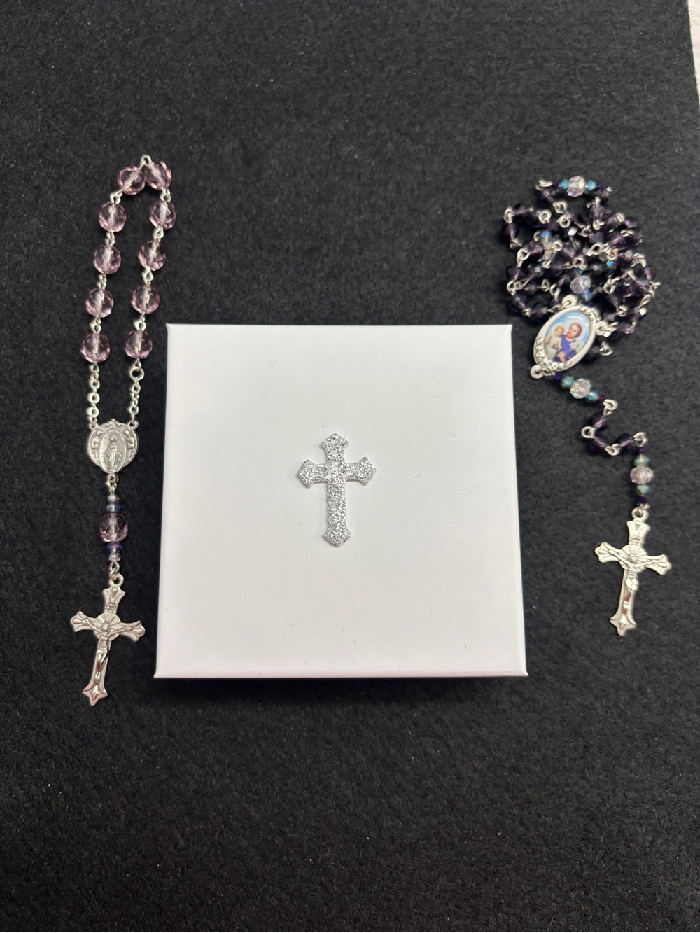 Handmade Faceted Purple St. Joseph with Child and Mary Catholic Rosary set
